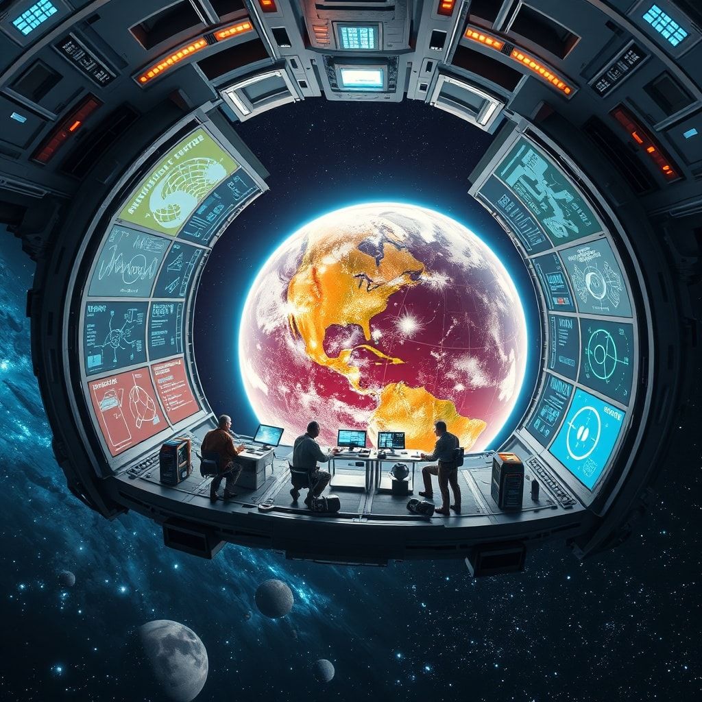 A futuristic space station orbiting a vibrant Earth, with astronauts conducting research in a brightly lit module, surrounded